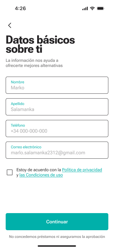 Pantalla de la aplicación